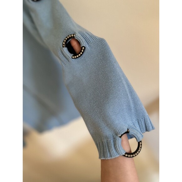 Just B Crystal Grommet Ribbed Zip Cardigan Sweater M Baby Blue E-Girl Y2K - Picture 6 of 12